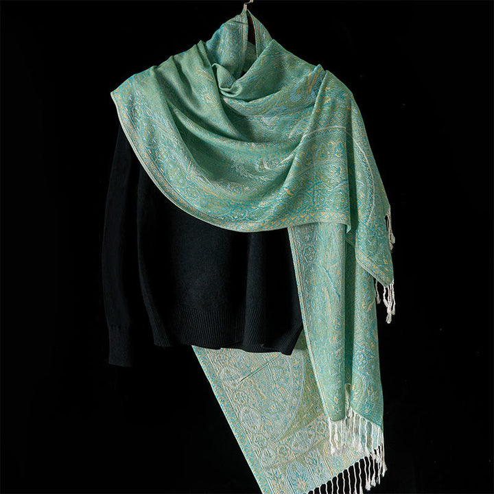 Buddha Stones Spring Green Cashew Flower Geometric Jacquard Pattern Tassel Cozy Scarf Shawl - image 1