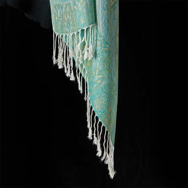 Buddha Stones Spring Green Cashew Flower Geometric Jacquard Pattern Tassel Cozy Scarf Shawl - image 5