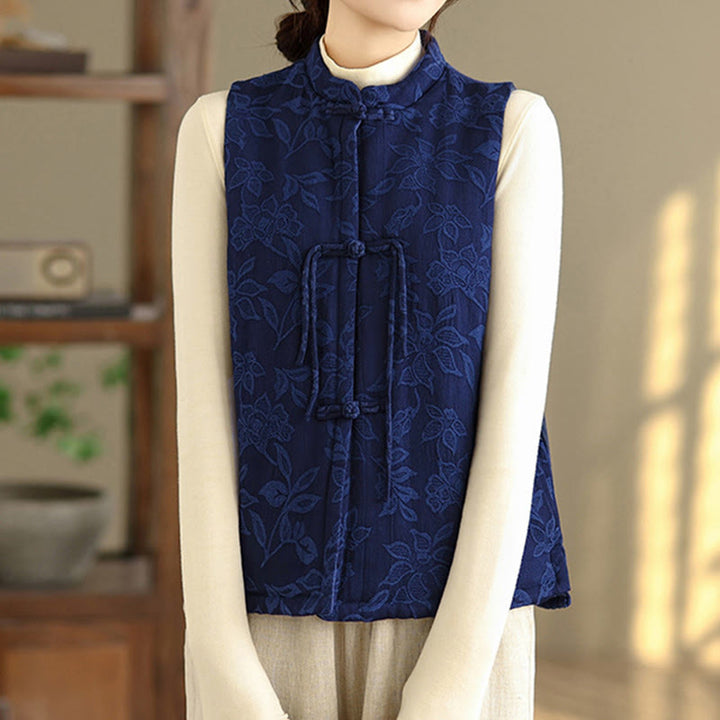 Buddha Stones Jacquard Pattern Frog-button Women's Sleeveless Cotton Vest Waistcoat With Pockets - image 3
