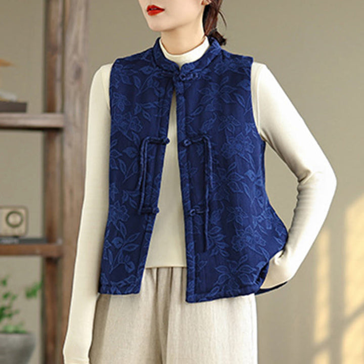 Buddha Stones Jacquard Pattern Frog-button Women's Sleeveless Cotton Vest Waistcoat With Pockets - image 2