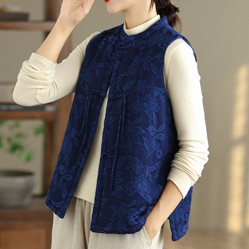 Buddha Stones Jacquard Pattern Frog-button Women's Sleeveless Cotton Vest Waistcoat With Pockets - image 4