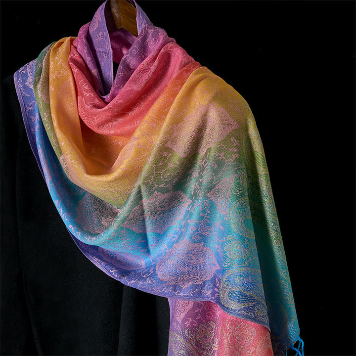 Buddha Stones Spring Colorful Gradient Cashew Flower Pattern Tassel Cozy Scarf Shawl - LemonChiffon - 180cm - image 0