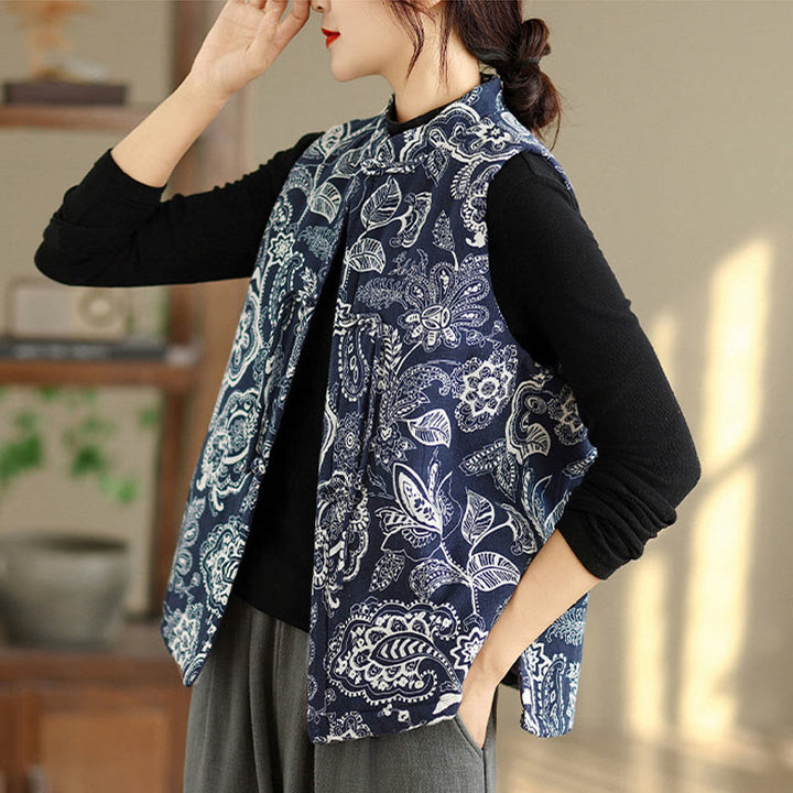 Buddha Stones Plant Pattern Frog-button Women's Sleeveless Cotton Vest Waistcoat With Pockets - image 3