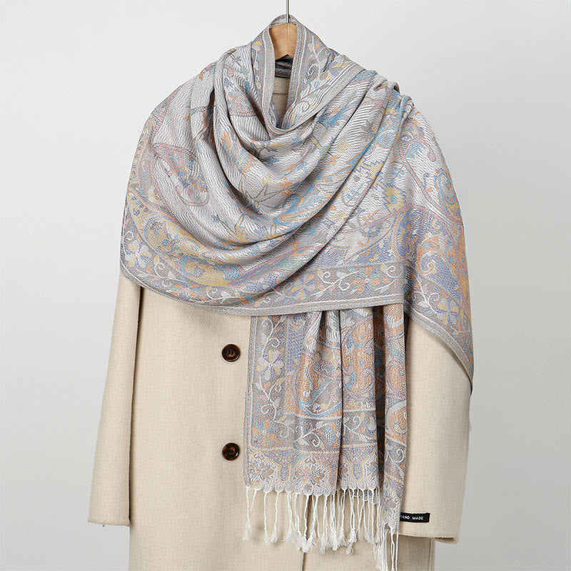 Buddha Stones Spring Cashew Flower Vines Pattern Tassel Soft Scarf Shawl - Gainsboro - 184*70cm - image 6