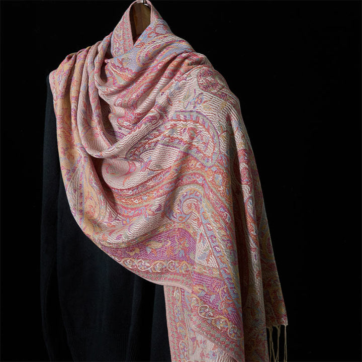 Buddha Stones Spring Cashew Flower Leaves Vines Geometric Pattern Tassel Soft Scarf Shawl - AntiqueWhite - 178*71cm - image 0