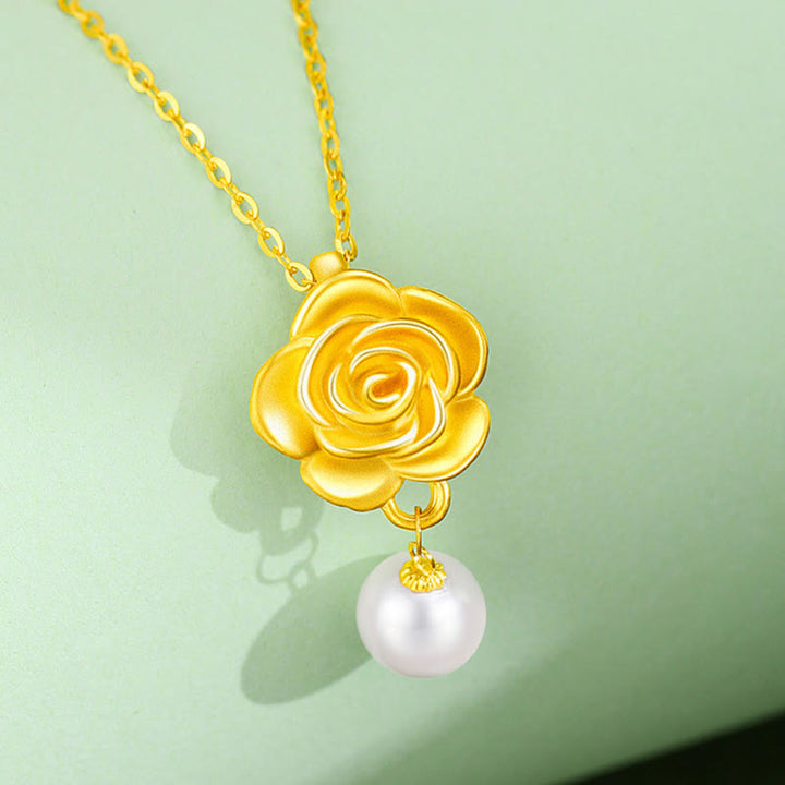 Buddha Stones 999 Sterling Silver Plated Gold Camellia Pearl Healing Necklace Pendant - image 3