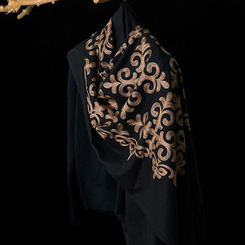 Buddha Stones Winter Black Diamond-shaped Golden Flowers Pattern Tassel Cozy Scarf Shawl - Black - 190*74cm - image 0