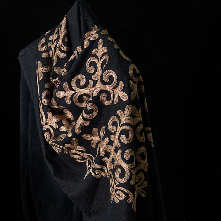 Buddha Stones Winter Black Diamond-shaped Golden Flowers Pattern Tassel Cozy Scarf Shawl - image 3
