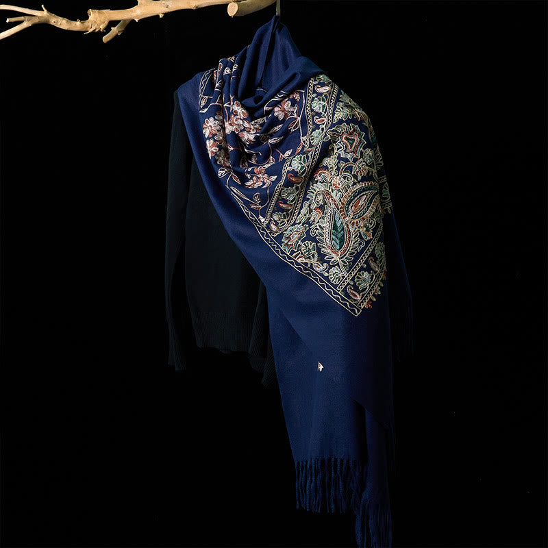 Buddha Stones Winter Brown-beige Small Flower Vine Cashew Flower Pattern Tassel Cozy Scarf Shawl - image 2