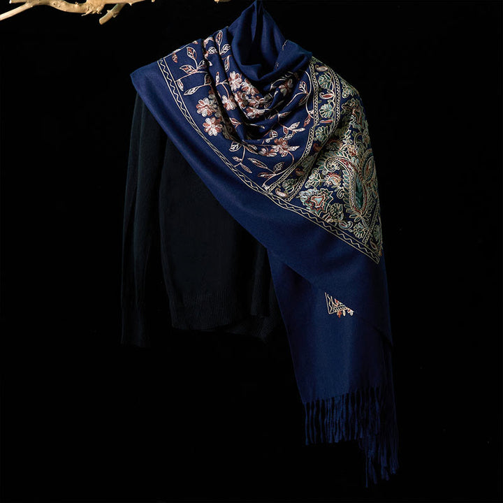 Buddha Stones Winter Brown-beige Small Flower Vine Cashew Flower Pattern Tassel Cozy Scarf Shawl - image 1