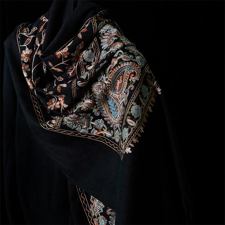 Buddha Stones Winter Brown-beige Small Flower Vine Cashew Flower Pattern Tassel Cozy Scarf Shawl - Black - 182*71cm - image 6