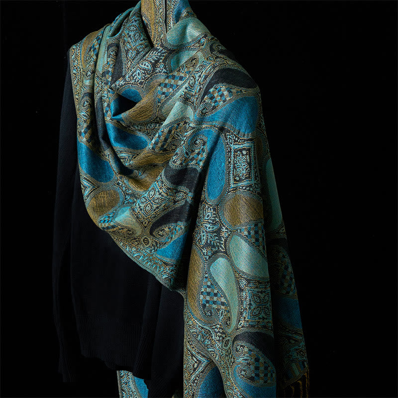 Buddha Stones Fall Cashew Flower Geometry Pattern Tassel Cozy Scarf Shawl - CadetBlue - 175*70CM - image 0