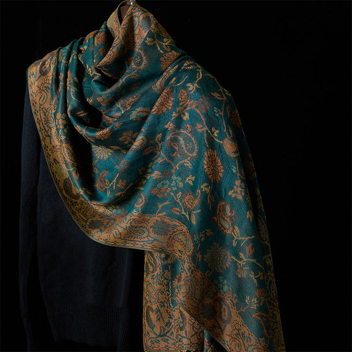 Buddha Stones Spring Dark Green Cashew Flower Floral Leaf Pattern Tassel Soft Scarf Shawl - Teal 180*70cm - image 0