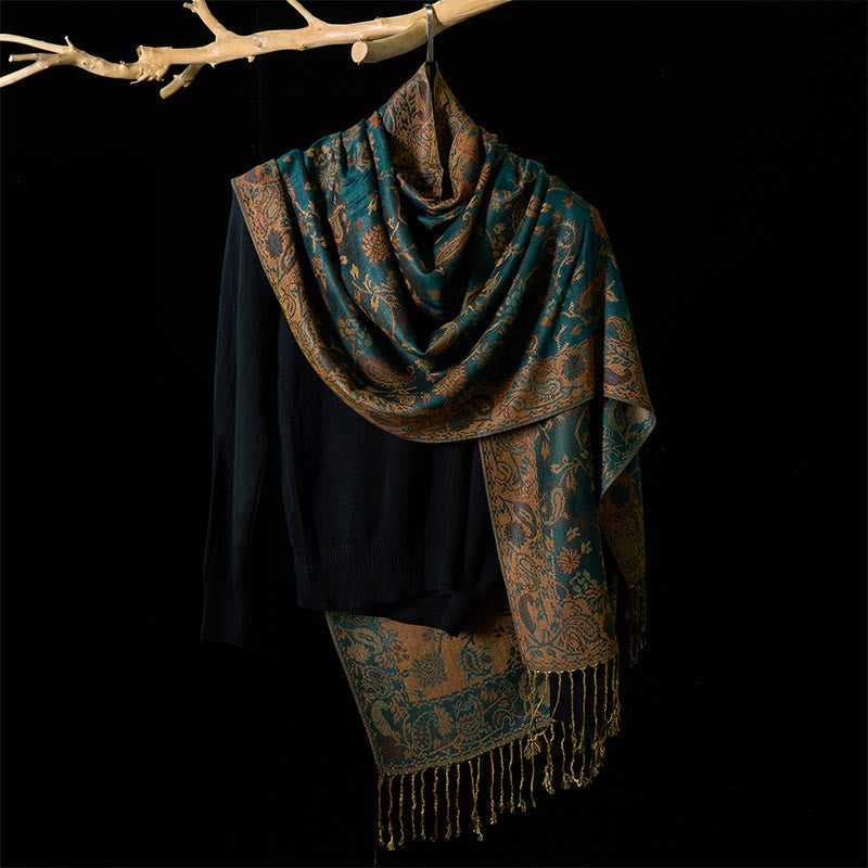 Buddha Stones Spring Dark Green Cashew Flower Floral Leaf Pattern Tassel Soft Scarf Shawl - image 3
