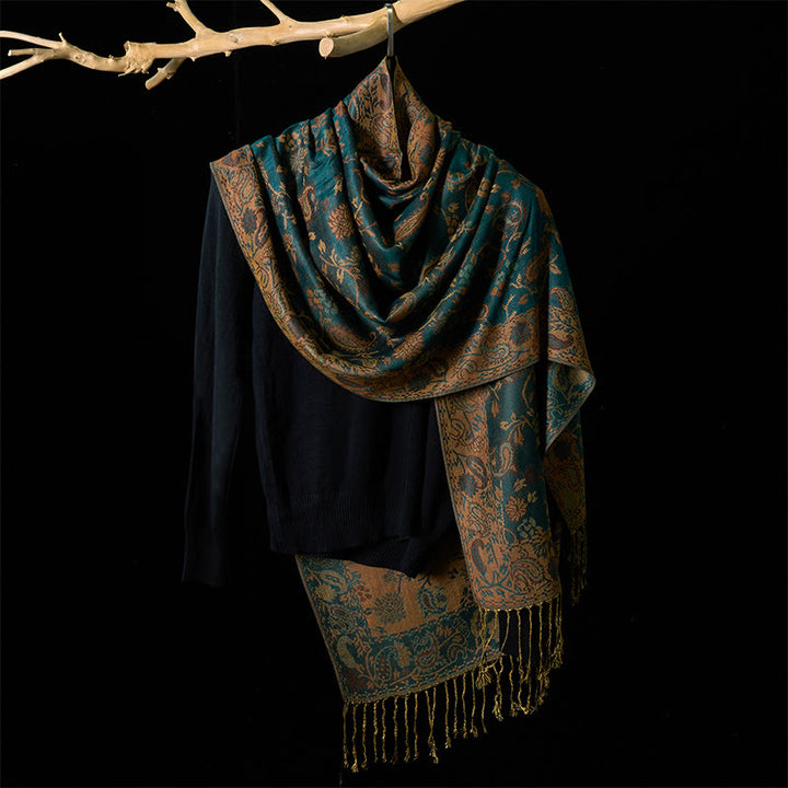 Buddha Stones Spring Dark Green Cashew Flower Floral Leaf Pattern Tassel Soft Scarf Shawl - image 3