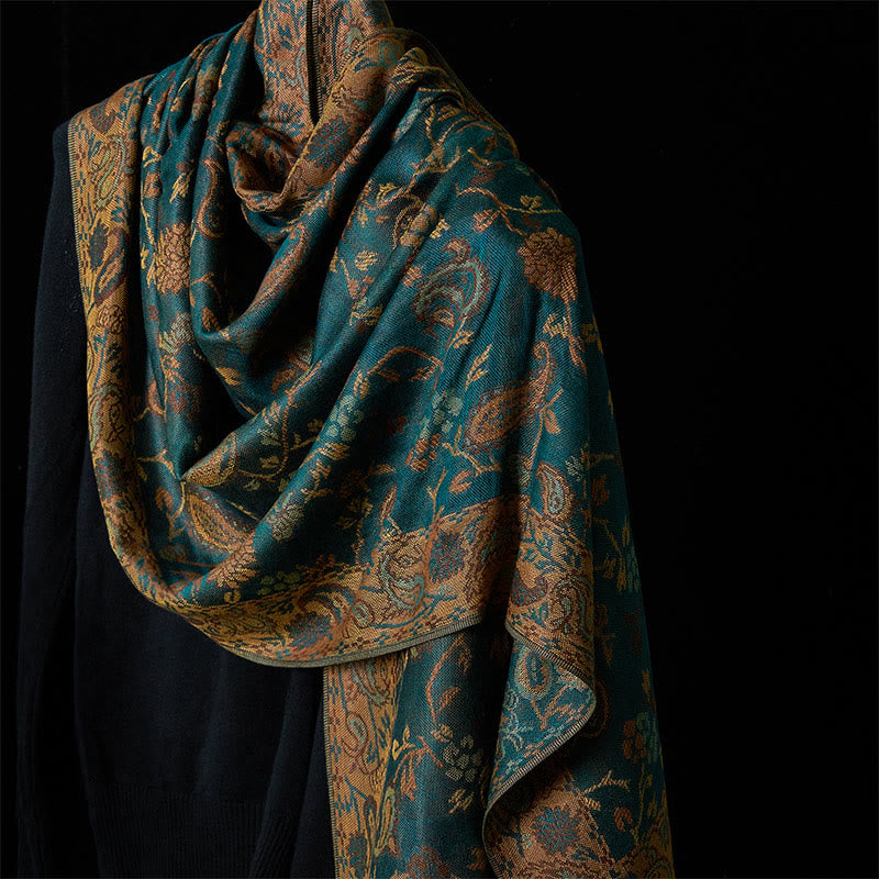 Buddha Stones Spring Dark Green Cashew Flower Floral Leaf Pattern Tassel Soft Scarf Shawl - image 1