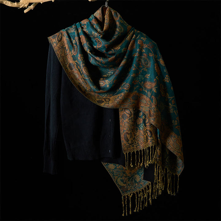 Buddha Stones Spring Dark Green Cashew Flower Floral Leaf Pattern Tassel Soft Scarf Shawl - image 2