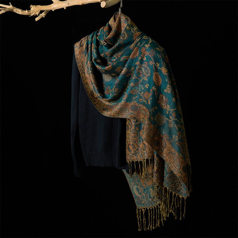 Buddha Stones Spring Dark Green Cashew Flower Floral Leaf Pattern Tassel Soft Scarf Shawl - image 4