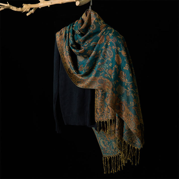 Buddha Stones Spring Dark Green Cashew Flower Floral Leaf Pattern Tassel Soft Scarf Shawl - image 4