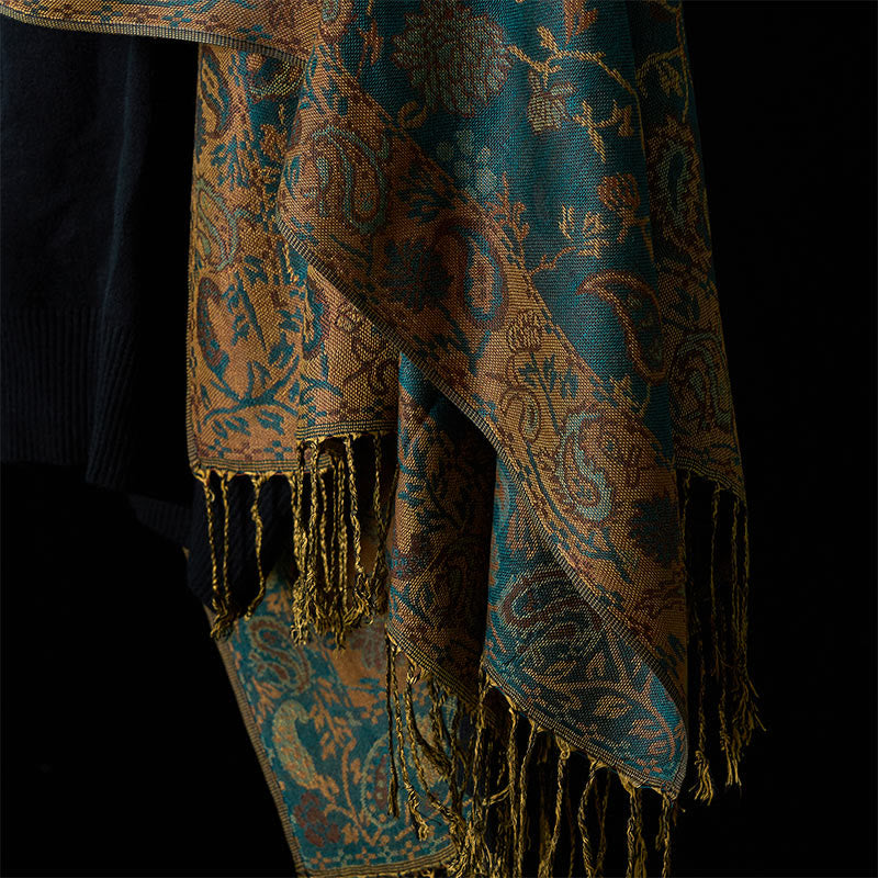 Buddha Stones Spring Dark Green Cashew Flower Floral Leaf Pattern Tassel Soft Scarf Shawl - image 6