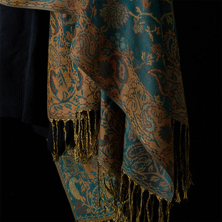 Buddha Stones Spring Dark Green Cashew Flower Floral Leaf Pattern Tassel Soft Scarf Shawl - image 6