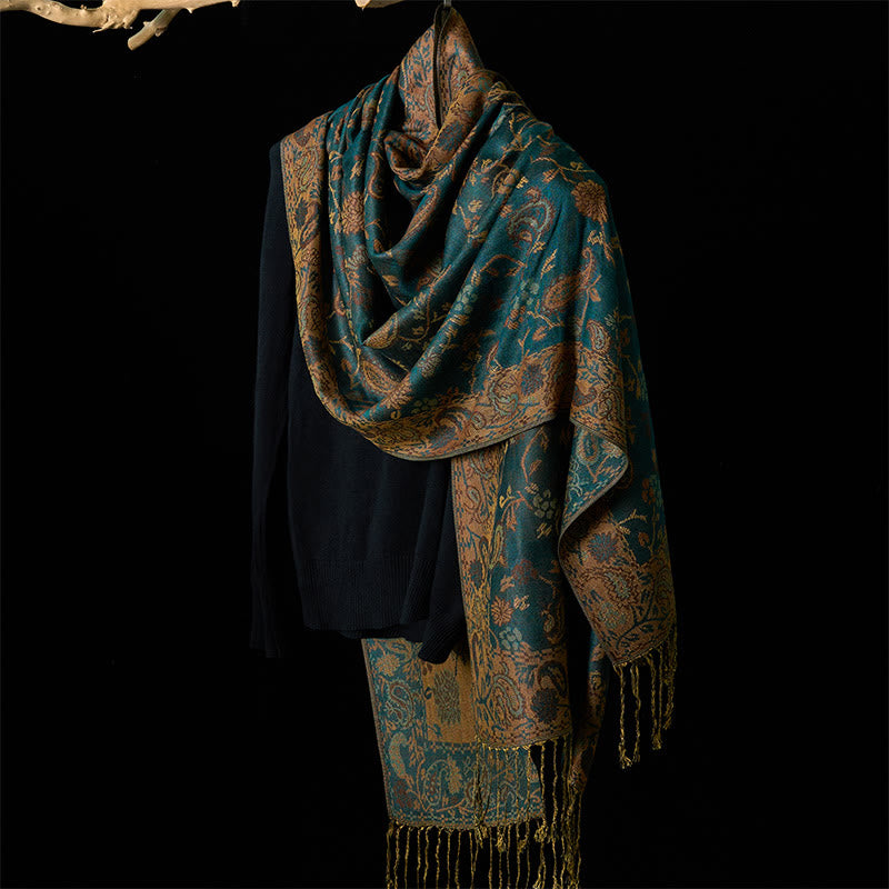 Buddha Stones Spring Dark Green Cashew Flower Floral Leaf Pattern Tassel Soft Scarf Shawl - image 5