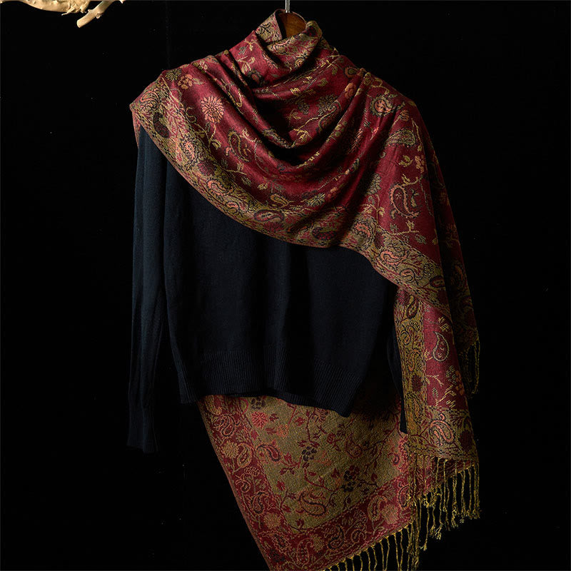Buddha Stones Spring Dark Red Cashew Flower Floral Leaf Pattern Tassel Soft Scarf Shawl - image 1