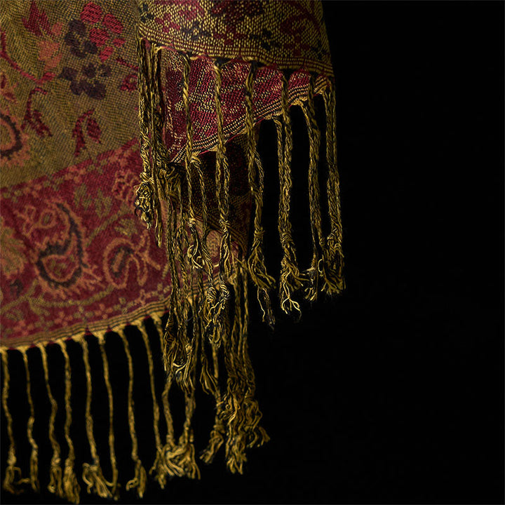 Buddha Stones Spring Dark Red Cashew Flower Floral Leaf Pattern Tassel Soft Scarf Shawl - image 5