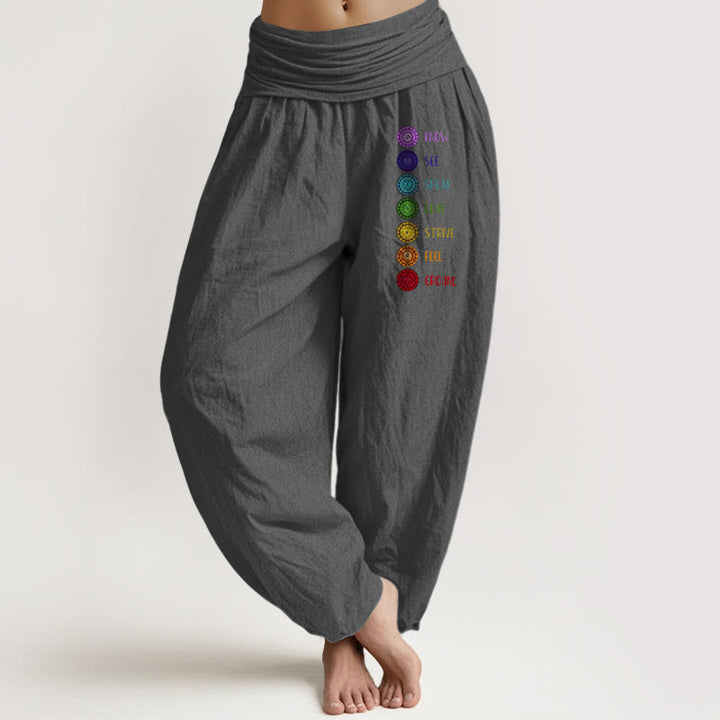 Buddha Stones Seven Chakras Print Pattern Women's Elastic Waist Harem Pure Cotton Pants - Gray - US22，UK/AU26，EU54 (6XL) - image 8