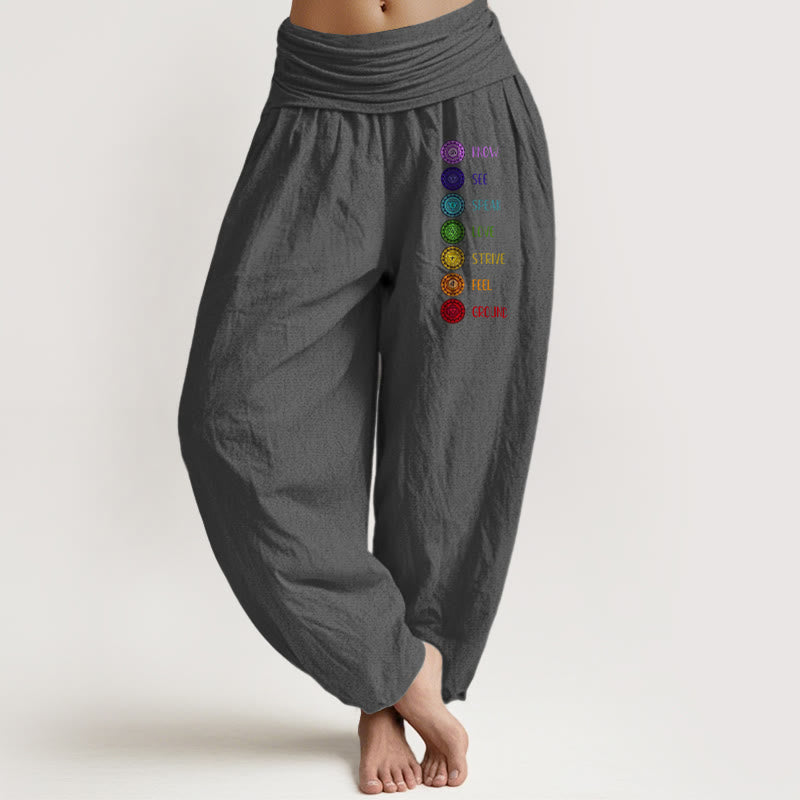 Buddha Stones Seven Chakras Print Pattern Women's Elastic Waist Harem Pure Cotton Pants - Gray - US22，UK/AU26，EU54 (6XL) - image 8