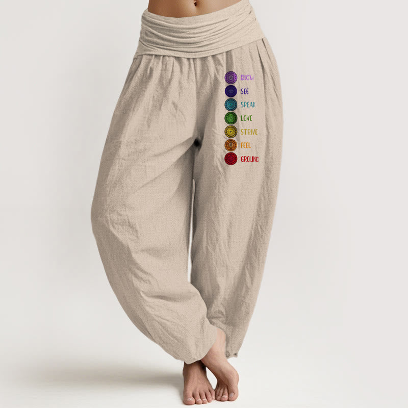 Buddha Stones Seven Chakras Print Pattern Women's Elastic Waist Harem Pure Cotton Pants - Tan - US22，UK/AU26，EU54 (6XL) - image 11