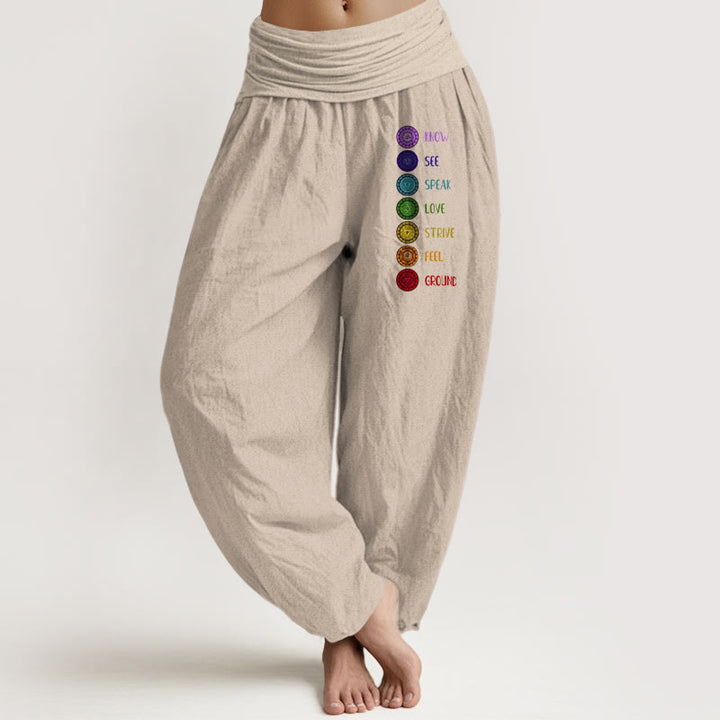 Buddha Stones Seven Chakras Print Pattern Women's Elastic Waist Harem Pure Cotton Pants - Tan - US22，UK/AU26，EU54 (6XL) - image 11