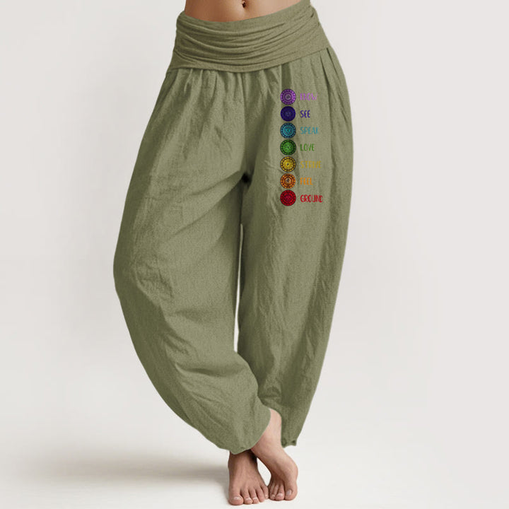 Buddha Stones Seven Chakras Print Pattern Women's Elastic Waist Harem Pure Cotton Pants - OliveDrab - US22，UK/AU26，EU54 (6XL) - image 14