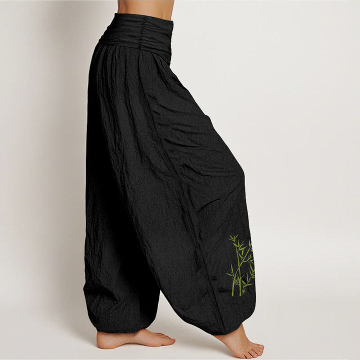 Buddha Stones Green Bamboo Print Pattern Women's Elastic Waist Harem Pure Cotton Pants - image 1