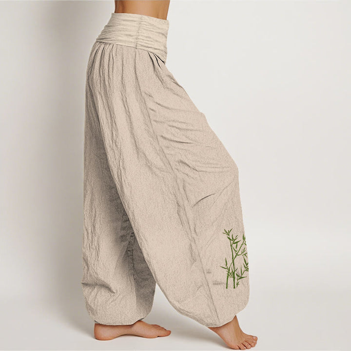 Buddha Stones Green Bamboo Print Pattern Women's Elastic Waist Harem Pure Cotton Pants - image 12