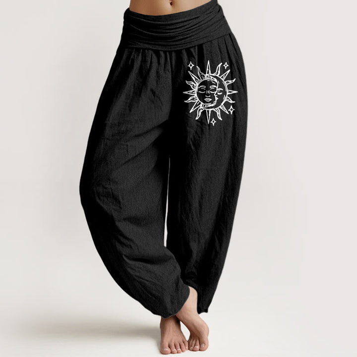 Buddha Stones Sun Moon Pattern Women's Elastic Waist Harem Pure Cotton Pants - Black - US22，UK/AU26，EU54 (6XL) - image 0