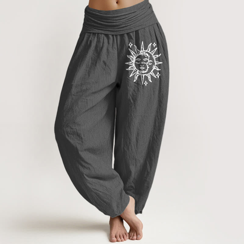 Buddha Stones Sun Moon Pattern Women's Elastic Waist Harem Pure Cotton Pants - Gray - US22，UK/AU26，EU54 (6XL) - image 8