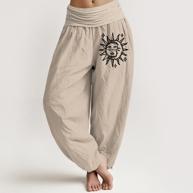 Buddha Stones Sun Moon Pattern Women's Elastic Waist Harem Pure Cotton Pants - Tan - US22，UK/AU26，EU54 (6XL) - image 11
