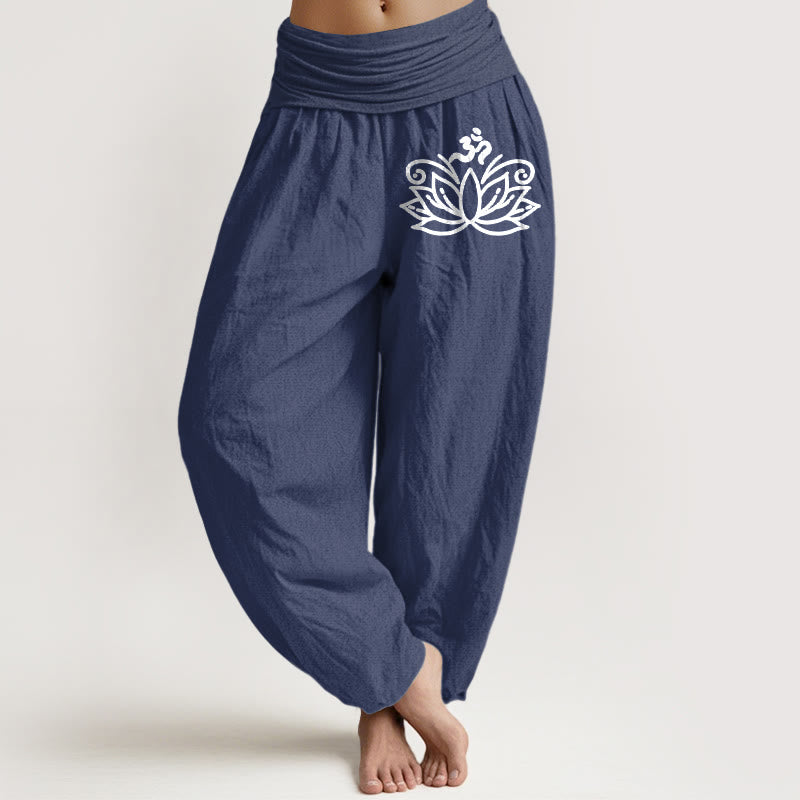 Buddha Stones Lotus Flower Om Symbol Pattern Women's Elastic Waist Harem Pure Cotton Pants - DarkSlateBlue - US22，UK/AU26，EU54 (6XL) - image 5