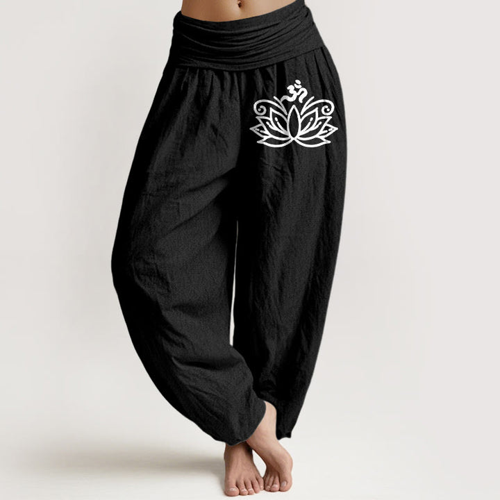Buddha Stones Lotus Flower Om Symbol Pattern Women's Elastic Waist Harem Pure Cotton Pants - Black - US22，UK/AU26，EU54 (6XL) - image 0