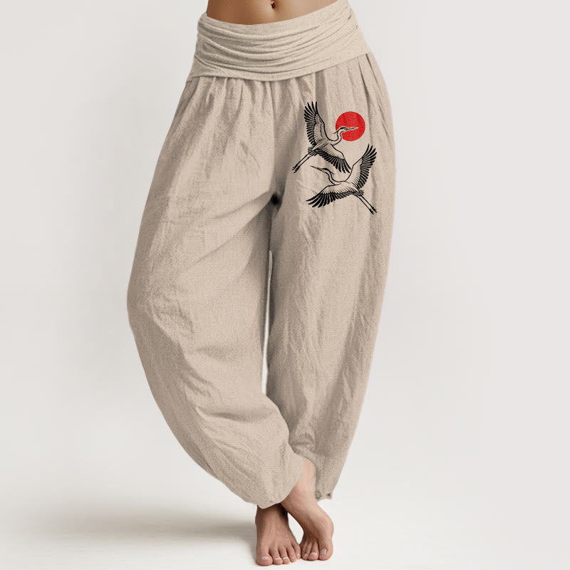 Buddha Stones Red Sun Cranes Pattern Women's Elastic Waist Harem Pure Cotton Pants - Tan - US22，UK/AU26，EU54 (6XL) - image 11