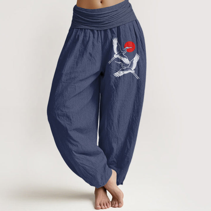 Buddha Stones Red Sun Cranes Pattern Women's Elastic Waist Harem Pure Cotton Pants - DarkSlateBlue - US22，UK/AU26，EU54 (6XL) - image 5