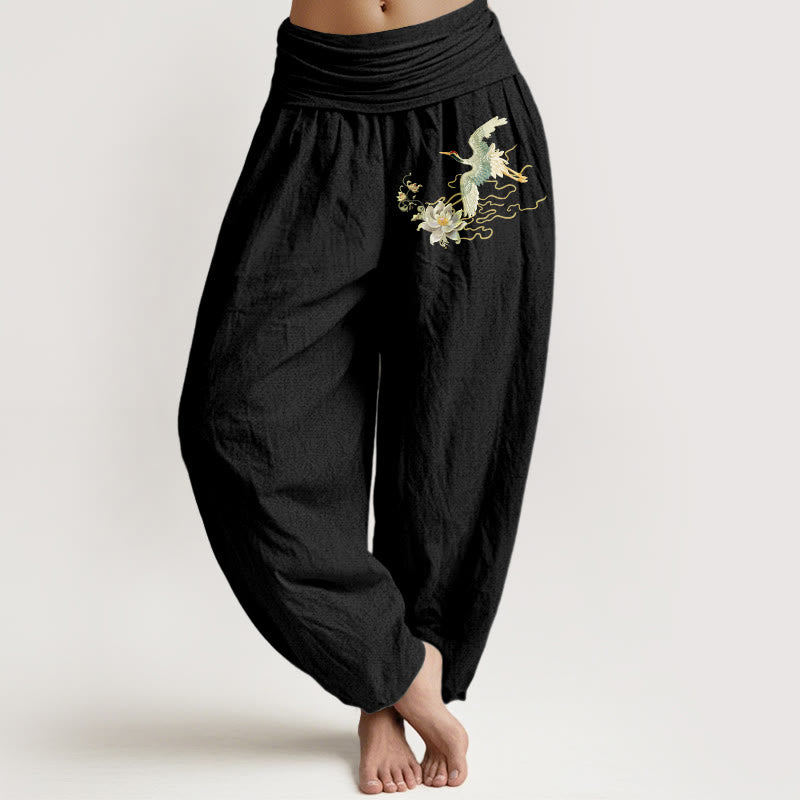 Buddha Stones Cranes Lotus Pattern Pure Cotton Women's Elastic Waist Harem Pants - Black - US22，UK/AU26，EU54 (6XL) - image 0