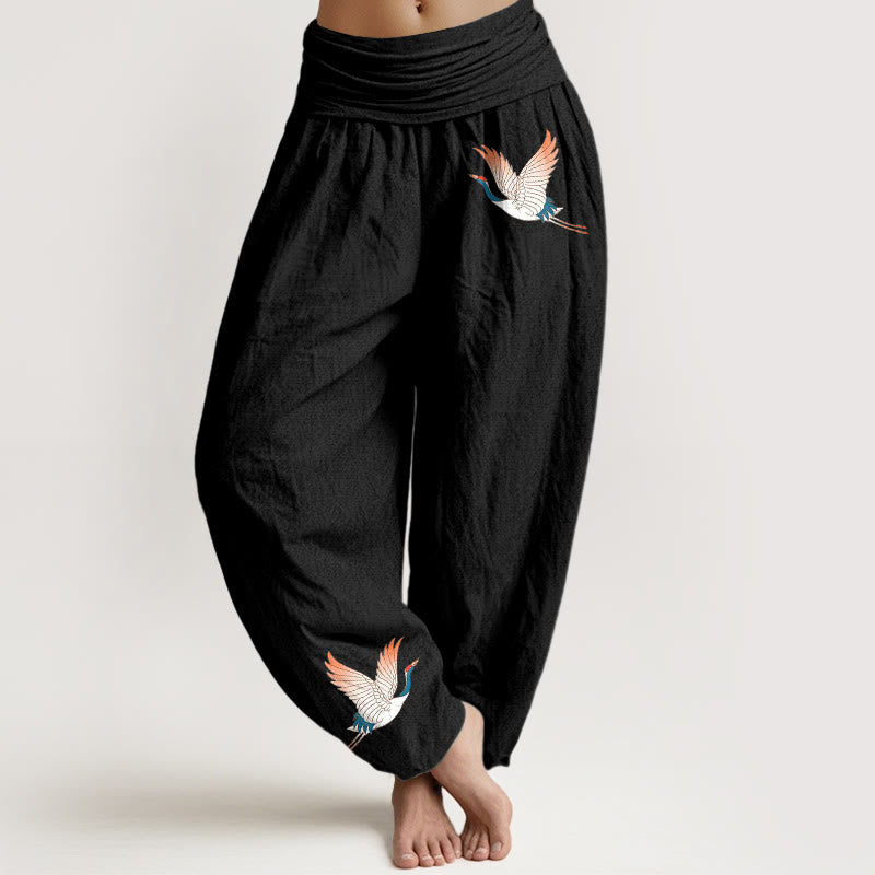 Buddha Stones Two Graceful Cranes Pattern Pure Cotton Women's Elastic Waist Harem Pants - Black - US22，UK/AU26，EU54 (6XL) - image 0