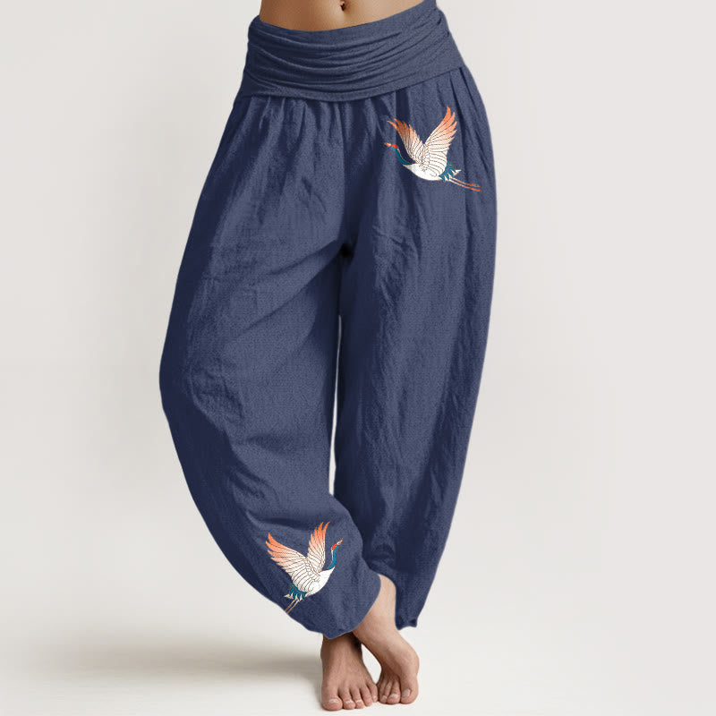 Buddha Stones Two Graceful Cranes Pattern Pure Cotton Women's Elastic Waist Harem Pants - DarkSlateBlue - US22，UK/AU26，EU54 (6XL) - image 5