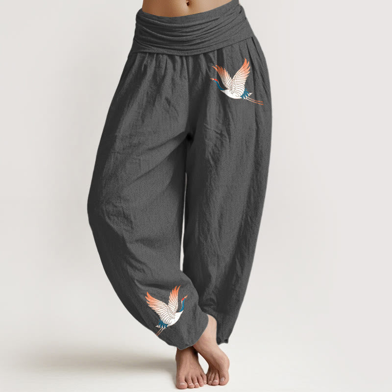 Buddha Stones Two Graceful Cranes Pattern Pure Cotton Women's Elastic Waist Harem Pants - Gray - US22，UK/AU26，EU54 (6XL) - image 8