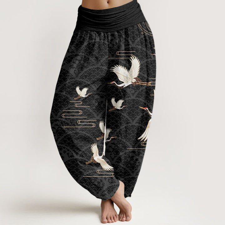 Buddha Stones Print Cranes Wave Pattern Women's Elastic Waist Harem Pure Cotton Pants - Black - US22，UK/AU26，EU54 (6XL) - image 0