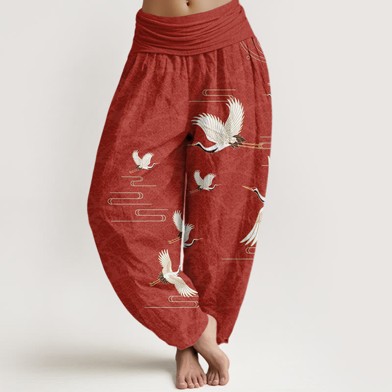 Buddha Stones Print Cranes Wave Pattern Women's Elastic Waist Harem Pure Cotton Pants - FireBrick - US22，UK/AU26，EU54 (6XL) - image 8