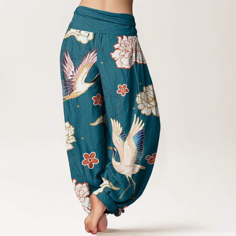 Buddha Stones Print Cranes Peonies Pattern Women's Elastic Waist Harem Pure Cotton Pants - image 2