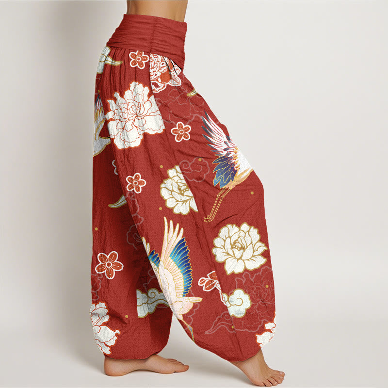 Buddha Stones Print Cranes Peonies Pattern Women's Elastic Waist Harem Pure Cotton Pants - image 6